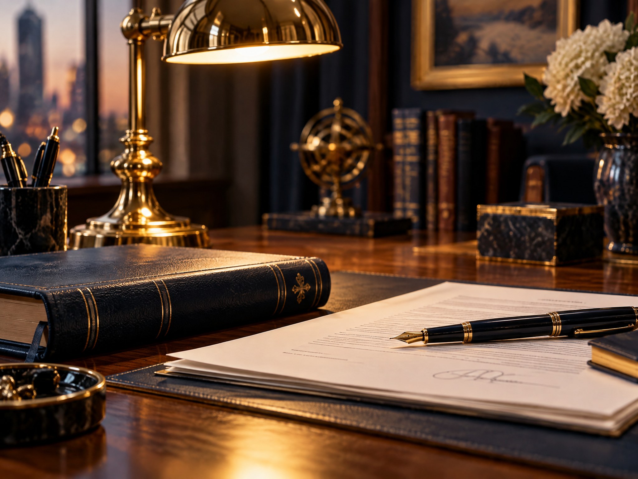 Advisor's desk with documents and fountain pen